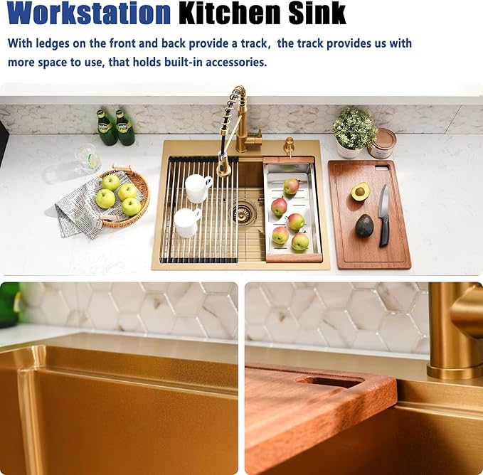25x22 Gold Drop In Kitchen Sink with Faucet - 25 Inch Stainless Steel Drop In Sink and Faucet Combo, Gold Single Bowl Kitchen Sink Workstation with Accessories