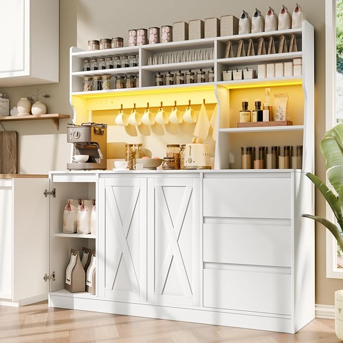 Loomie Farmhouse Sideboard Buffet Cabinet with Storage, 59" Kitchen Storage Cabinet with Power Outlet & LED Light, Coffee Bar w/Microwave Stand & Doors & Drawers & Hooks & Adjusted Shelves (White)
