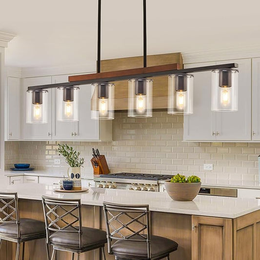 Mecgirn Farmhouse Dining Room Light Fixtures Over Table, Black Pendant Lights for Kitchen Island, 6 Light Large Linear Chandelier Lighting with Wood