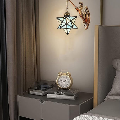 Moravian Star Wall Light with Tiffany Stained Glass Cover, Vintage Rustic Industrial Wall Sconce Retro Wall Mount Lamps Fixture 1-Light,Sky Blue