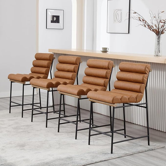 Brown Pu Leather Bar stools Set of 4, 25” Modern Upholstered Counter stools with Black Metal Legs, Armless Counter Height Chairs with Channel Tufted Back for Kitchen Island Home Pub