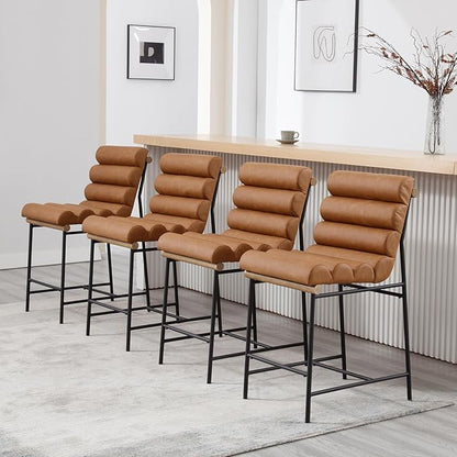 Brown Pu Leather Bar stools Set of 2, 25” Modern Upholstered Counter stools with Black Metal Legs, Armless Counter Height Chairs with Channel Tufted Back for Kitchen Island Home Pub