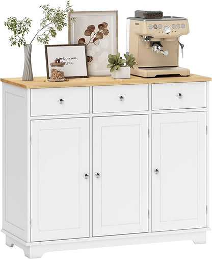 HOMCOM Sideboard Buffet Cabinet with Solid Wood Countertop, Modern Kitchen Storage Cabinet, Coffee Bar Cabinet with 3 Drawers, Doors and Adjustable Shelf, White