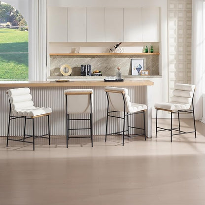 White Pu Leather Bar stools Set of 4, 25” Modern Upholstered Counter stools with Black Metal Legs, Armless Counter Height Chairs with Channel Tufted Back for Kitchen Island Home Pub