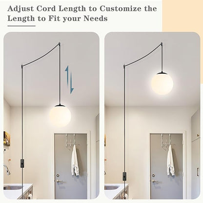 KoKo&Yukina 8" Globe Pendant Light Black Plug in Pendant Light Adjustable Hanging Lights with Plug in Cord Matte Black Finished with Milk Glass Lampshade for Bedroom Kitchen Island（Bulb Included）