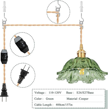 Plug in Pendant Light Fixtures,Hanging Light Fixture Corded On/Off Switch,10.6in E26 Green Glass Lampshade Pendant Lighting for Kitchen Island, Bedroom, Dining Room 2pack