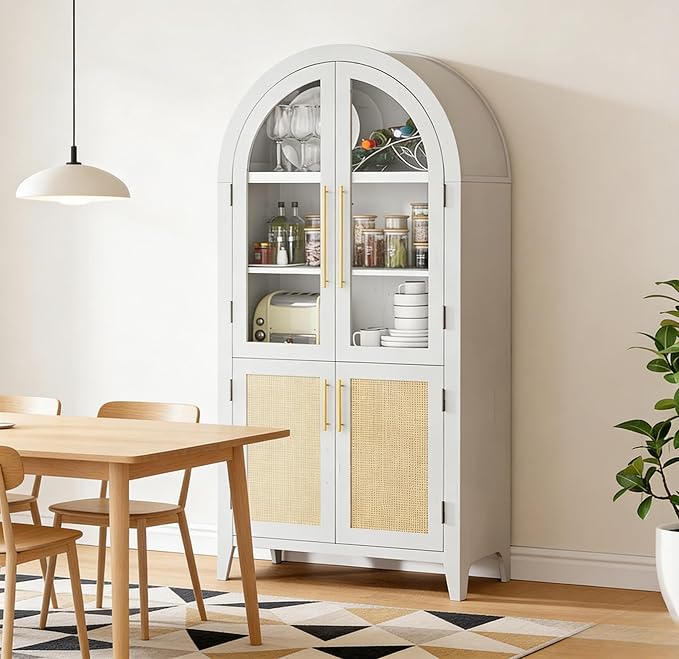 63” Tall Arched Kitchen Pantry Cabinet, 5-Tier Modern Farmhouse Flute Pantry with Adjustable Shelves, Kitchen Storage Cabinet for Kitchen, Dining Room, Living Room, White