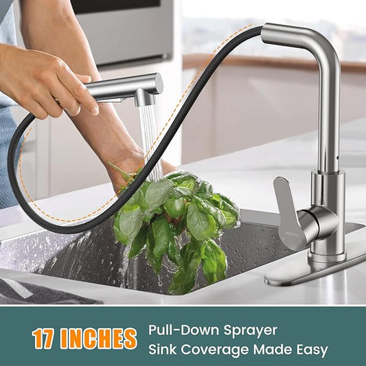 Kitchen Faucets, Kitchen Faucet with Pull Down Sprayer and Deck Plate, Commercial Utility Kitchen Faucets for Sink 1-3 Hole for Bar RV Camper Laundry Outdoor Farmhouse, Brushed Nickel