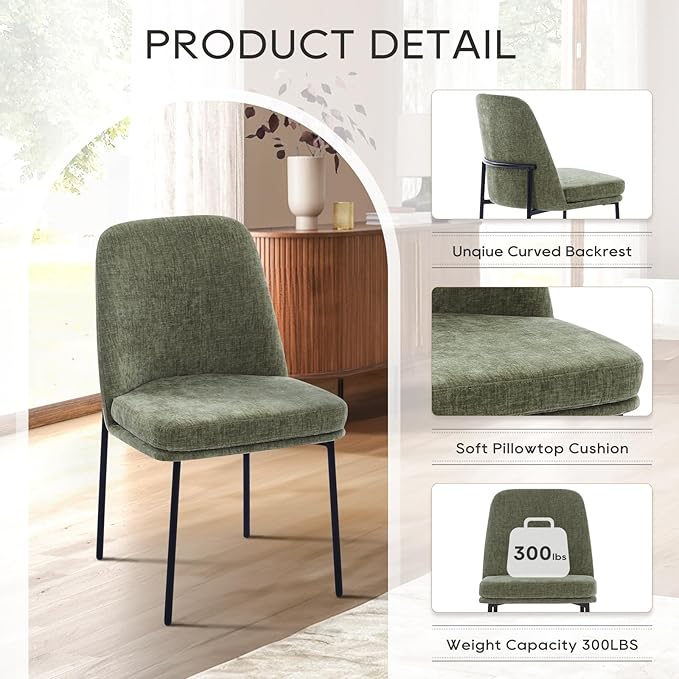 COLAMY Dining Chairs Set of 2, Modern Dining Chairs, Fabric Upholstered Dining Chairs, Kitchen Chairs with Curved Back and Metal Legs for Dining Room Kitchen Restaurant, Green