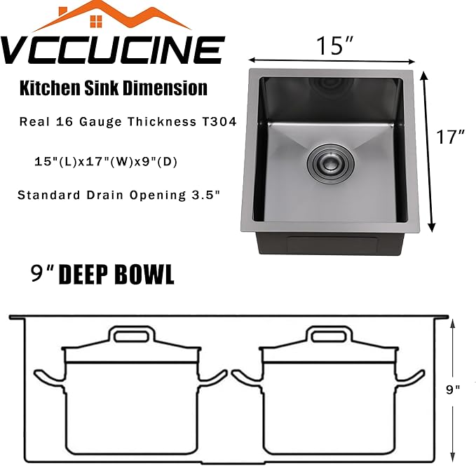 VCCUCINE Gunmetal Black Undermount Bar Sink, 15x17 Inch RV Small Single Bowl Kitchen Sink, Outdoor Stainless Steel Wet Bar Prep Sink with Drain