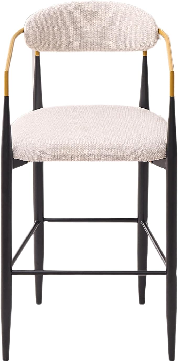 Modern Upholstered Accent Chair Set of 2 with Ergonomic Backrest,Gold Accented Armrests,Linen Fabric Seat,Black Metal Frame,Contemporary Seating for Dining Room,Kitchen Island (Beige,Bar Stool)