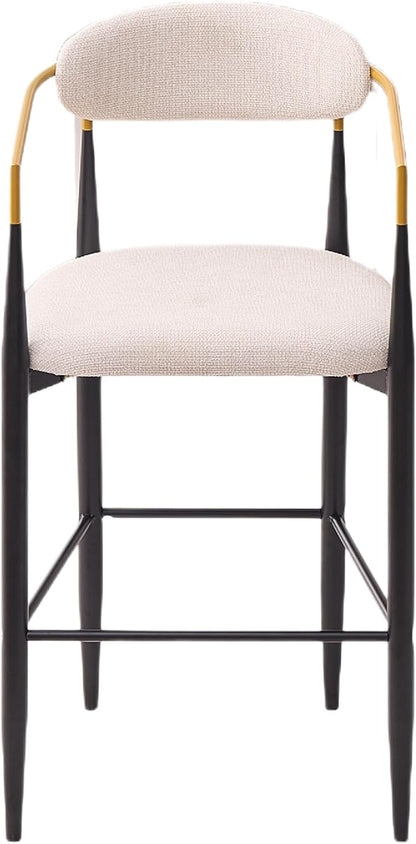 Modern Upholstered Accent Chair Set of 2 with Ergonomic Backrest,Gold Accented Armrests,Linen Fabric Seat,Black Metal Frame,Contemporary Seating for Dining Room,Kitchen Island (Beige,Bar Stool)