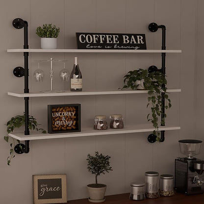 HDDFER Industrial Pipe Shelving Rustic White Pipe Wall Shelves Industrial Shelves with Wood Planks Floating Shelves 48 Inch Farmhouse Bathroom,Kitchen Shelving Wall Mounted