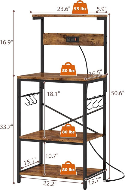 SUPERJARE Kitchen Bakers Rack with Power Outlet, Coffee Bar Table 4 Tiers, Kitchen Microwave Stand with 6 S-Shaped Hooks, Storage Shelf Rack for Spices, Pots and Pans - Rustic Brown