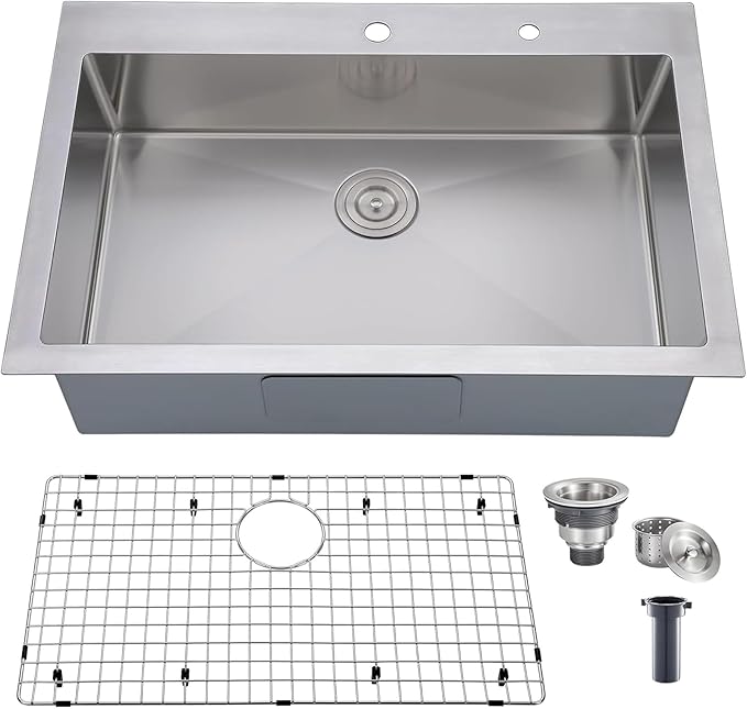 Comllen 33 x 22 inch Drop in Kitchen Sink, 33 inch Topmount Stainless Steel Sink, 18 Gauge T304 Single Bowl Kitchen With Grid and Strainer