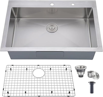 Comllen 33 x 22 inch Drop in Kitchen Sink, 33 inch Topmount Stainless Steel Sink, 18 Gauge T304 Single Bowl Kitchen With Grid and Strainer