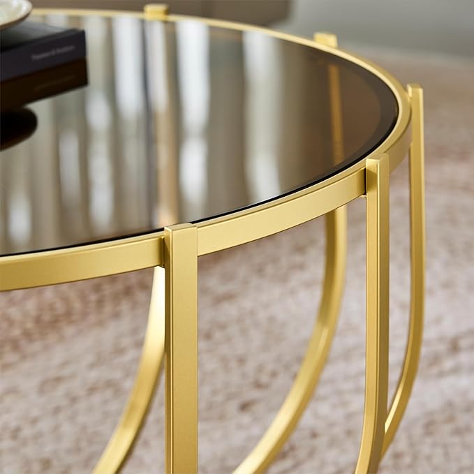 Saint Mossi 30" Glass Round Coffee Table for Living Room, Mid Century Modern 2-Tier Gold Drum Center Table, Brown Glass Top, Walnut Shelf with Gold Finish Legs & Frame, W30xH16.5