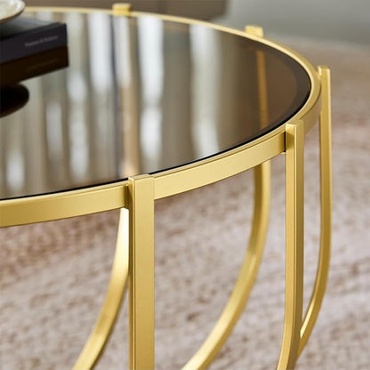 Saint Mossi 30" Glass Round Coffee Table for Living Room, Mid Century Modern 2-Tier Gold Drum Center Table, Brown Glass Top, Walnut Shelf with Gold Finish Legs & Frame, W30xH16.5