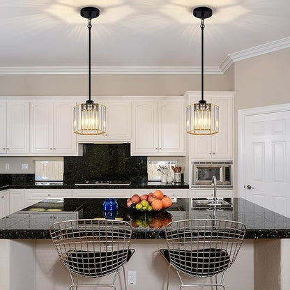 XSDeTu Black Pendant Lights Kitchen Island 2 Pack, Modern Crystal Chandeliers, Mini Hexagonal Pendant Light Fixture, Adjustable Hanging Ceiling Light for Kitchen Island Dinning Room Sink Bedroom