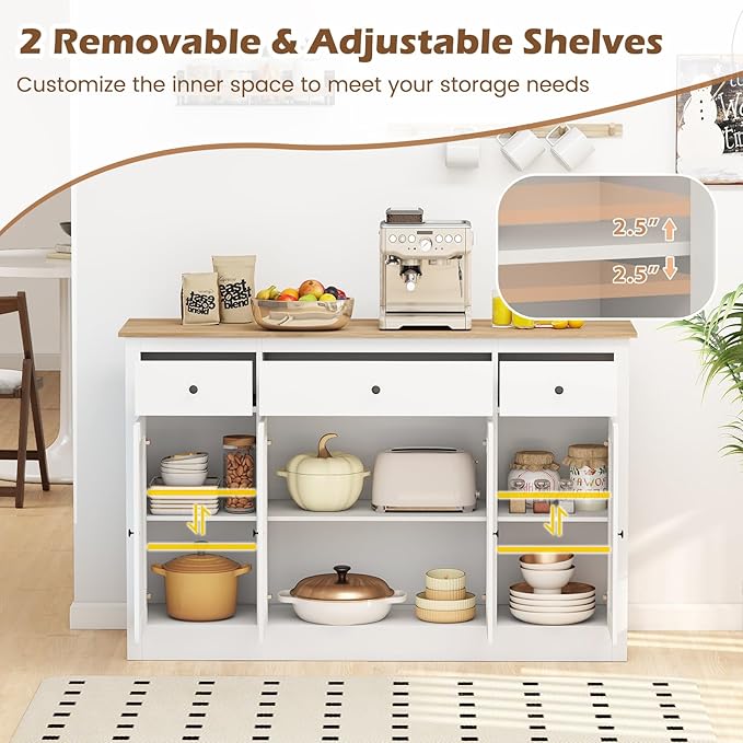 Giantex 55" Sideboard Buffet Cabinet with Storage, Modern Farmhouse Kitchen Storage Cabinet w/3 Drawers, Adjustable Shelves, 2 Barn Doors & 2 Glass Doors, White Sideboard for Living Room, Coffee Bar