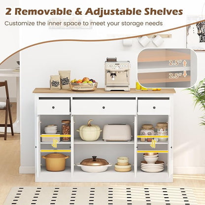 Giantex 55" Sideboard Buffet Cabinet with Storage, Modern Farmhouse Kitchen Storage Cabinet w/3 Drawers, Adjustable Shelves, 2 Barn Doors & 2 Glass Doors, White Sideboard for Living Room, Coffee Bar