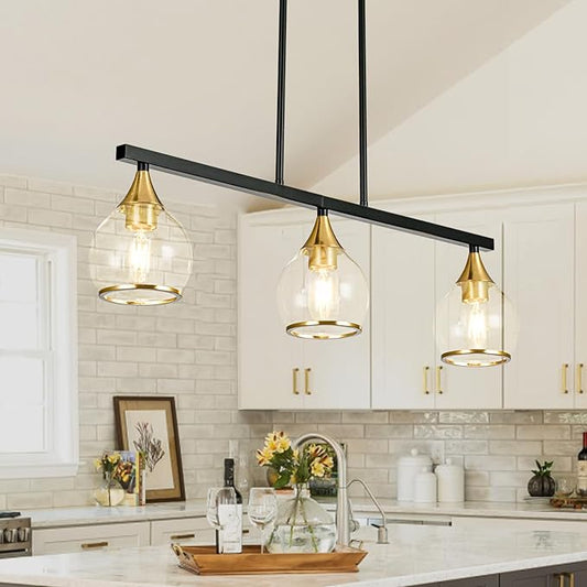 Island Light for Kitchen, 3-Light Black and Gold Kitchen Island Farmhouse Linear Hanging Pendant Chandeliers, Matte Black Dining Room Light Fixture Over Table with Clear Round Glass Shades
