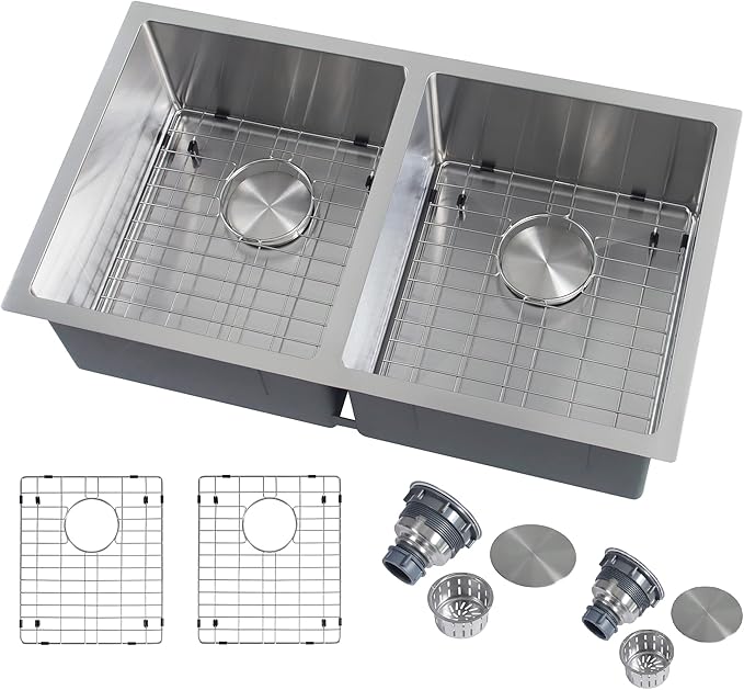 LQS Kitchen Sink 31x18, 31 Inch Undermount Kitchen Sink Double Bowl, Stainless Steel Sink and 50/50 Double Bowl with Two Sink Grids and Two Sink Strainers