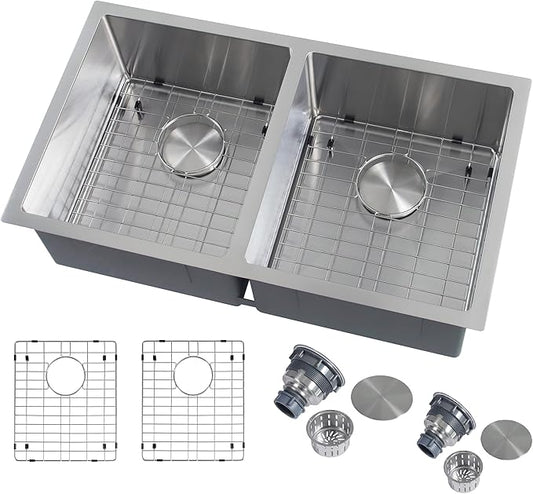 LQS Kitchen Sink 31x18, 31 Inch Undermount Kitchen Sink Double Bowl, Stainless Steel Sink and 50/50 Double Bowl with Two Sink Grids and Two Sink Strainers