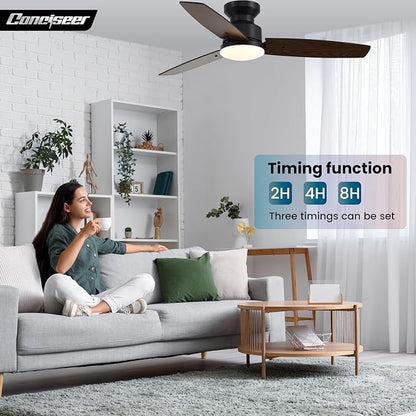 Conciseer 42 Inch Ceiling Fans with Lights and Remote, Bedroom Living Room Office, Flush Mount, 3CCT Dimmable, Dual Color 3 Blades, 6 Speed Reversible Quiet DC Motor, Black/Wood Grain, 2 Pack