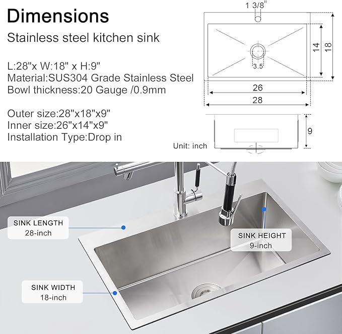 MENATT 28 Inch Drop-in Kitchen Sink, 304 Stainless Steel Topmount Handmade Kitchen Sink, Single Bowl Workstation Sink with Drain Kit (Brushed), 28"x18"x9"