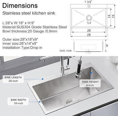 MENATT 28 Inch Drop-in Kitchen Sink, 304 Stainless Steel Topmount Handmade Kitchen Sink, Single Bowl Workstation Sink with Drain Kit (Brushed), 28"x18"x9"