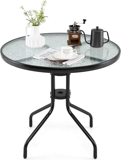HAPPYGRILL Outdoor Bistro Table, 32" Patio Round Dining Table with Tempered Glass Tabletop & 2" Umbrella Hole, for Garden Backyard Poolside Porch