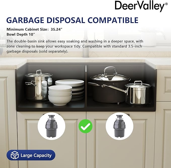 DeerValley Farmhouse Sink Workstation 33 inch, Black Fireclay Apron Front Farm Sinks, Double Bowl Deep Drop-in Undermount Sink with Workstation Accessories