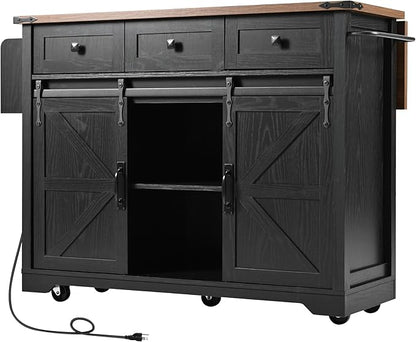YOPTO Farmhouse Kitchen Island Cart With Power Outlet & 2 Sliding Barn Doors, Rolling Storage Island W/Drop Leaf Spice Rack and 5 Universal Wheels, for Home and Dining Room, Black, 53.7"