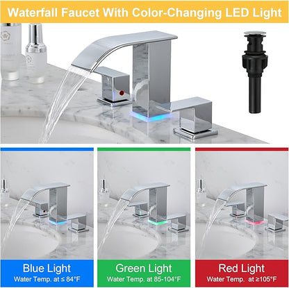 LED Bathroom Faucet 3 Hole, Chrome Waterfall Bathroom Faucets, 8 Inch Widespread Modern Bathroom Sink Faucet & Parts, Wide Spread Touch On Three Hole 2 Handle 3 Piece Bathroom Vanity Faucet