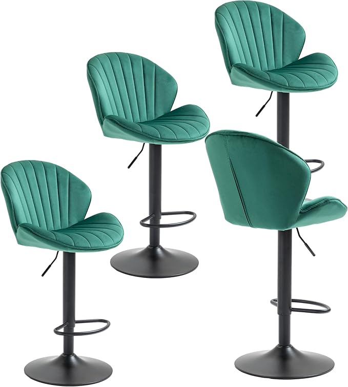 Rhomtree 24-32 Inch Swivel Bar Stools, Adjustable Counter Height Barstools, Velvet Tufted Upholstered and Footrest Barstools, Upholstered Bar Chairs for Home Bar Kitchen Island(Green Set of 4)