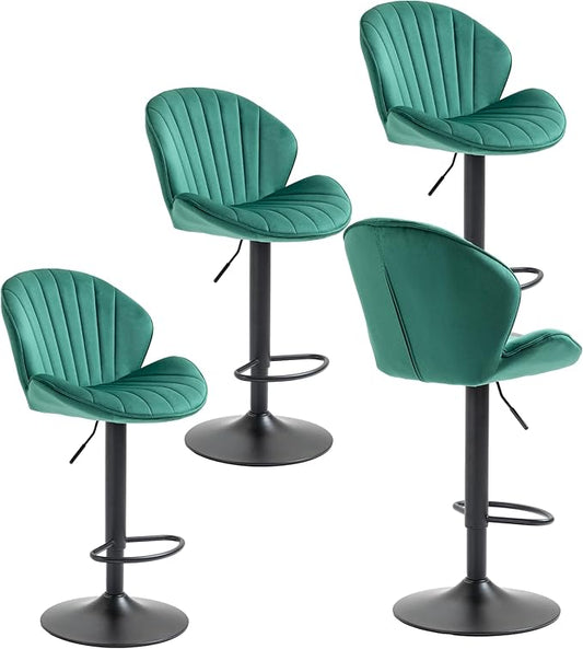 Rhomtree 24-32 Inch Swivel Bar Stools, Adjustable Counter Height Barstools, Velvet Tufted Upholstered and Footrest Barstools, Upholstered Bar Chairs for Home Bar Kitchen Island(Green Set of 4)