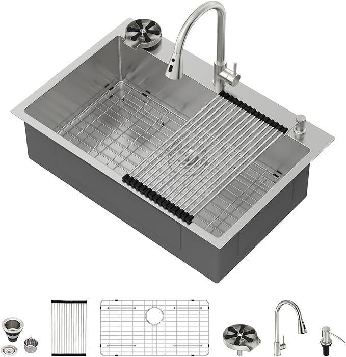 33 Drop In Kitchen Sink - Beslend 33x22 Kitchen Sink Drop In with Pull-Out Faucet, Stainless Steel Sinks and Soap Dispenser Topmount 16 Gauge Single Bowl Above Counter Dish Basin 9" Deep