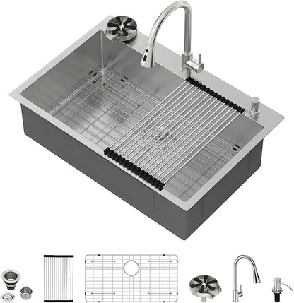33 Drop In Kitchen Sink - Beslend 33x22 Kitchen Sink Drop In with Pull-Out Faucet, Stainless Steel Sinks and Soap Dispenser Topmount 16 Gauge Single Bowl Above Counter Dish Basin 9" Deep