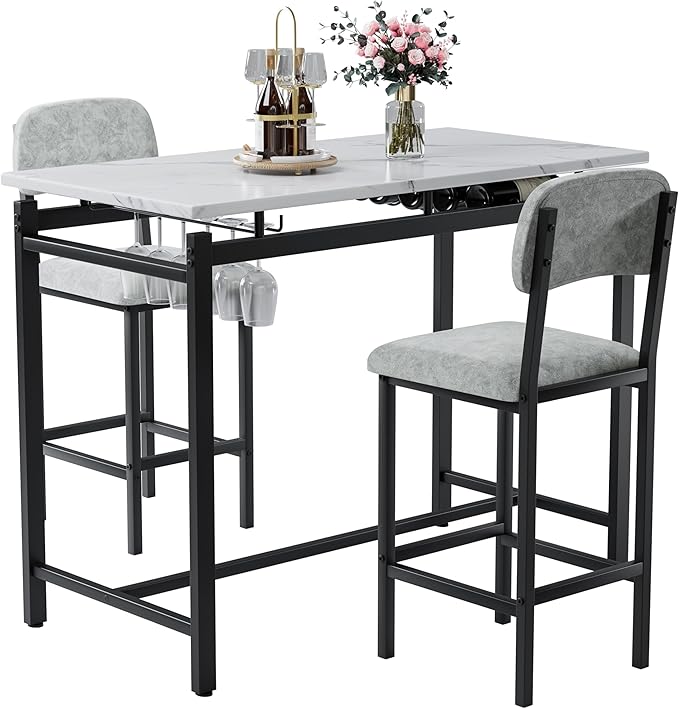 Modern Bar Height Table and Chairs Set - Compact Bar Table and Chairs for 2, Perfect as Small Kitchen Table, Kitchen Island with Seating, or Dining Table with Chairs (Gray)