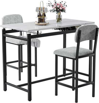 Modern Bar Height Table and Chairs Set - Compact Bar Table and Chairs for 2, Perfect as Small Kitchen Table, Kitchen Island with Seating, or Dining Table with Chairs (Gray)