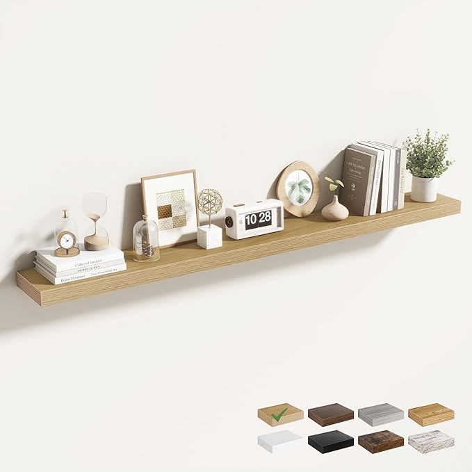 Acovy 55 Inch Floating Shelves for Wall 1 Pack, 55" Wall Shelves for Books, Storage, Decor, Wall Mounted Floating Shelf with Invisible Brackets for Kitchen, Living Room, Oak