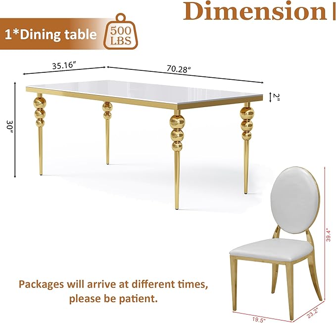7 Piece Dining Table Set, 70 Inch Rectangular Glass Kitchen Table with 6 Round Back Leather Chairs, for Dining Room, Living Room, Restaurant (Gold-White)