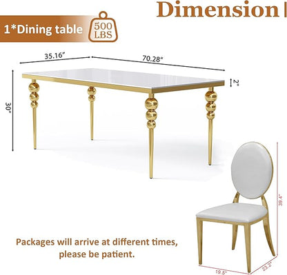 7 Piece Dining Table Set, 70 Inch Rectangular Glass Kitchen Table with 6 Round Back Leather Chairs, for Dining Room, Living Room, Restaurant (Gold-White)