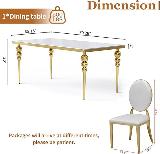 7 Piece Dining Table Set, 70 Inch Rectangular Glass Kitchen Table with 6 Round Back Leather Chairs, for Dining Room, Living Room, Restaurant (Gold-White)