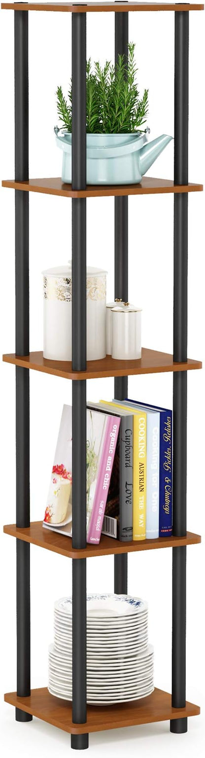 FURINNO Turn-N-Tube 5-Tier Corner Square Rack Display Shelf, Round, Light Cherry/Black