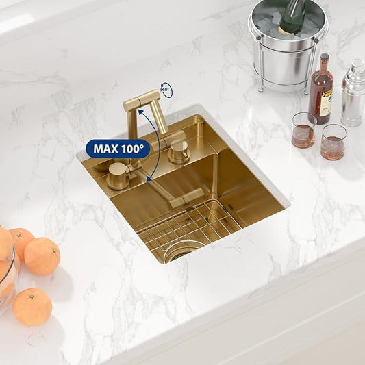 Sarlai Gold Undermount Bar Sink - 15x17 Inch Outdoor Kitchen Sink RV Workstation Gold 16 Gauge Stainless Steel Single Bowl Handmade Outdoor BBQ Sinks With Foldable Faucet