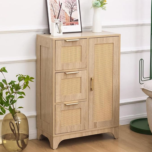 ALBAD Boho Sideboard Buffet Cabinet with 3 Storage Drawer Rattan Door and Adjustable Storage Shelves Rustic Farmhouse Coffee Bar for Dining Room, Kitchen, Natural Wood