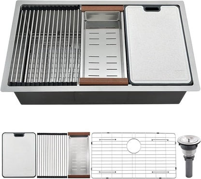 33 Inch Undermount Kitchen Sink, 33×19 Stainless Steel Undermount Kitchen Sink Ledge Workstation 16 Gauge Handmade Deep Single Bowl Kitchen Sinks with Cutting Board