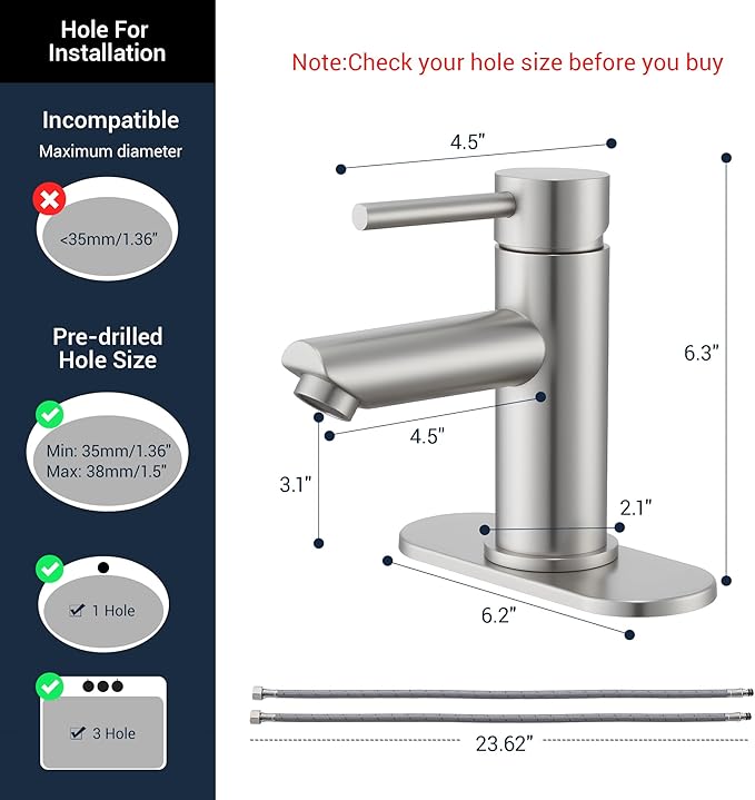 Brushed Nickel Bathroom Sink Faucets Single Hole Single Handle Stainless Steel Bathroom Faucet RV Faucet Deck Mount 1 Hole or 3 Holes with Pop-up Drains with Overflow